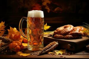 freddo birra chiara birra nel bicchiere con Grano e luppolo su buio legna sfondo superiore Visualizza. ai generato foto