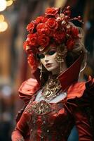 bellissimo donna nel nero misterioso veneziano maschera. ai generato foto