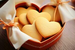 decorato cuore sagomato biscotto su di legno sfondo. ai generato foto