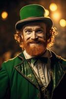 personaggio irlandesi fata con un' rosso naturale barba nel un' verde completo da uomo e verde cappello. ai generato foto