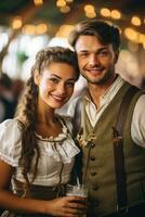 coppia festeggiare oktoberfest su bar sfondo. ai generato foto