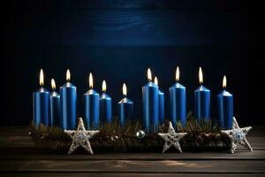 ebraico vacanza Hanukkah, candele su blu sfondo. ai generato foto