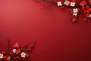Cinese nuovo anno decorazioni con sakura fiori su rosso sfondo. ai generato foto