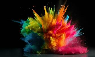luminosa colorato dipingere polvere che esplode su buio sfondo la creazione di utilizzando generativo ai utensili foto
