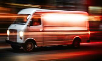 veloce consegna furgone illuminante il strade con luminosa luci. la creazione di utilizzando generativo ai utensili foto