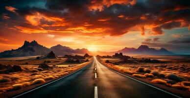 asfalto strada allungamento in il distanza, montagna tramonto - ai generato Immagine foto