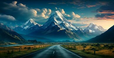 asfalto strada allungamento in il distanza, montagna nevoso paesaggio - ai generato Immagine foto
