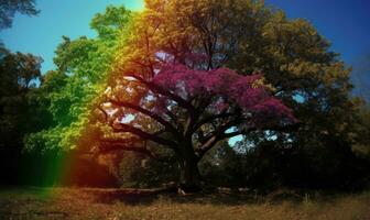 un' colorato Paese delle meraviglie nel il foresta con arcobaleno alberi la creazione di utilizzando generativo ai utensili foto