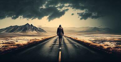 un asfalto strada allungamento in il distanza, un' uomo a piedi lungo il strada - ai generato Immagine foto