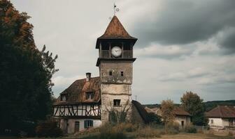 il vecchio orologio Torre getto suo ombra al di sopra di il tranquillo piccolo villaggio la creazione di utilizzando generativo ai utensili foto