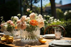 tavolo impostato per un' estate brunch nel il giardino ai generato foto