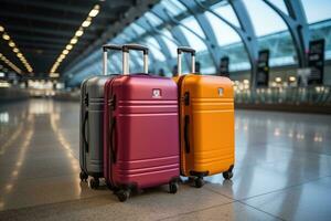 valigia di bagaglio a il aeroporto per vacanze professionale pubblicità fotografia ai generativo foto