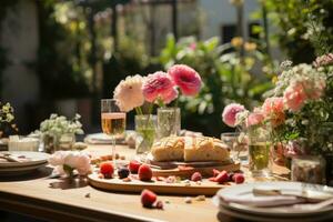 tavolo impostato per un' estate brunch nel il giardino ai generato foto