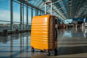 valigia di bagaglio a il aeroporto per vacanze professionale pubblicità fotografia ai generativo foto