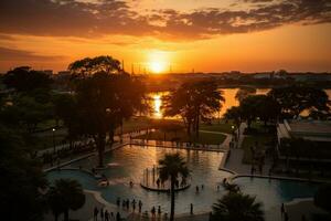 un' parco nel un' vivace città con largo Aperto spazio fiore i campi ai generato foto