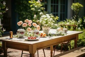 tavolo impostato per un' estate brunch nel il giardino ai generato foto