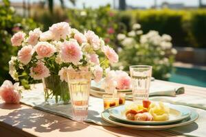 tavolo impostato per un' estate brunch nel il giardino ai generato foto