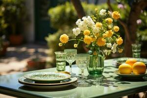 tavolo impostato per un' estate brunch nel il giardino ai generato foto