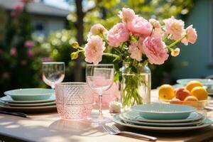 tavolo impostato per un' estate brunch nel il giardino ai generato foto