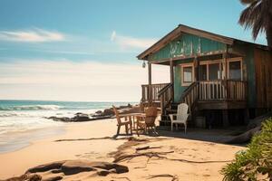 bellissimo spiaggia Locanda soleggiato giorno Visualizza ai generato foto