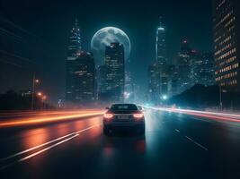 un' in movimento auto nel il notte città ai creare foto
