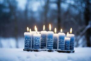 ebraico vacanza Hanukkah, candele su blu sfondo. ai generato foto
