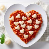 cuore sagomato spaghetti con pomodoro salsa e parmigiano formaggi su bianca piatto. ai generato foto