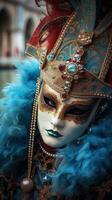 bellissimo donna nel nero misterioso veneziano maschera. ai generato foto