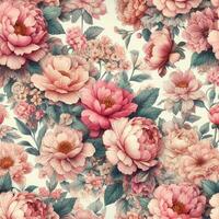 bellissimo acquerello primavera floreale senza soluzione di continuità modelli con fiori le foglie viola e rosa su bianca sfondo. mano disegnare foto