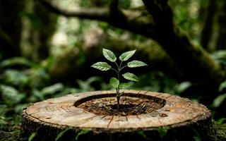 rinnovo di vita giovane albero emergente a partire dal vecchio ceppo ai generato foto