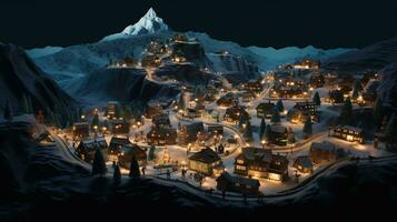 ai generativo realistico accogliente piccolo Natale cittadina di notte isometrico o uccelli occhio Visualizza foto