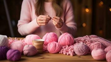 donna maglieria con rosa filato su un' rustico di legno tavolo foto