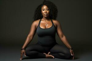 nero donna praticante yoga nel loto posizione generativo ai foto