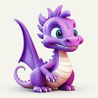 viola personaggi cartone animato Drago 3d Immagine su bianca sfondo generativo ai foto