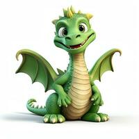 verde personaggi cartone animato Drago 3d Immagine su bianca sfondo generativo ai foto