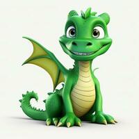 verde personaggi cartone animato Drago 3d Immagine su bianca sfondo generativo ai foto