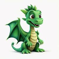 verde personaggi cartone animato Drago 3d Immagine su bianca sfondo generativo ai foto