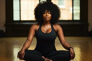 nero donna praticante yoga nel loto posizione generativo ai foto