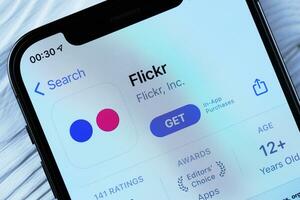 Kharkov, Ucraina - marzo 5, 2021 flickr icona e applicazione a partire dal App memorizzare su i phone 12 professionista Schermo schermo su bianca tavolo foto