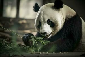 panda mangiare spara di bambù. raro e in via di estinzione nero e bianca orso. neurale Rete ai generato foto