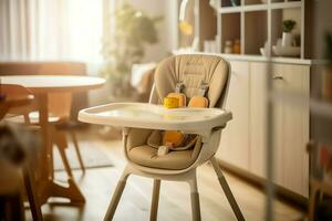 convenzionale bambino alimentazione sedia nel il cenare tavolo a casa o cucina. bambino alto sedia mobilia concetto di ai generato foto