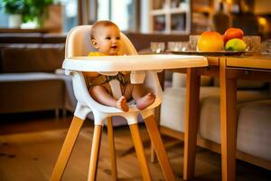 convenzionale bambino alimentazione sedia nel il cenare tavolo a casa o cucina. bambino alto sedia mobilia concetto di ai generato foto