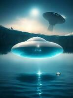ufo volante al di sopra di acqua con Due alieno navi foto