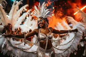 un' donna danza su il brasiliano carnevale nel un' potente costume.ai generativo foto