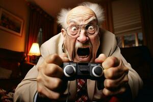 un anziano pc gamer vincente un' gioco. ai generativo foto