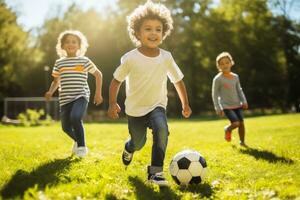 contento bambini giocando palla su un' giocando campo.ai generativo foto