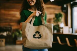 riciclare simbolo su mano e Borsa, sostenibile e eco ambiente concetto. generativo ai foto