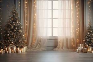 bellissimo Natale camera con decorato Natale albero, caldo luci e ghirlande.natale sfondo con copia spazio. generativo ai foto