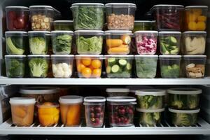 ben organizzato frigo pieno con contenitori di equilibrato, preparato pasti pronto per il digiuno periodo. generativo ai foto