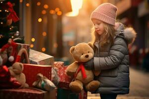 un' commovente Immagine di un' bambino la donazione giocattoli per un' beneficenza durante il vacanze. generativo ai foto